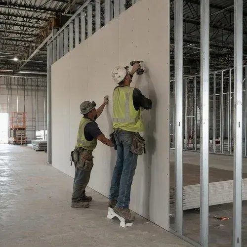Crew installing drywall on steel studs in a Niagara warehouse conversion