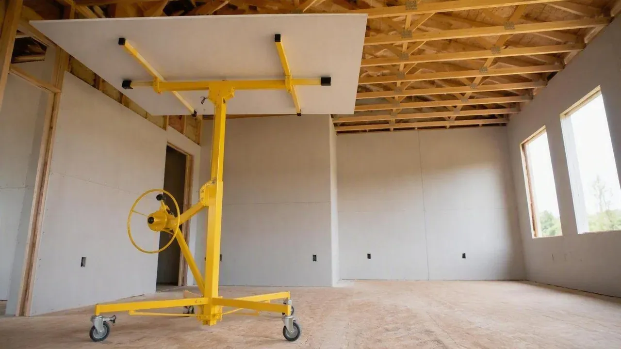 Drywall lift raising a ceiling panel into position on a Niagara jobsite