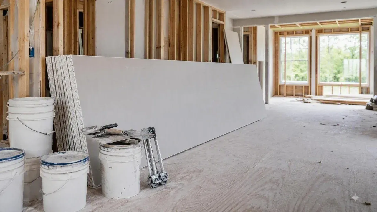 Stacked drywall sheets and tools set out on a St. Catharines jobsite