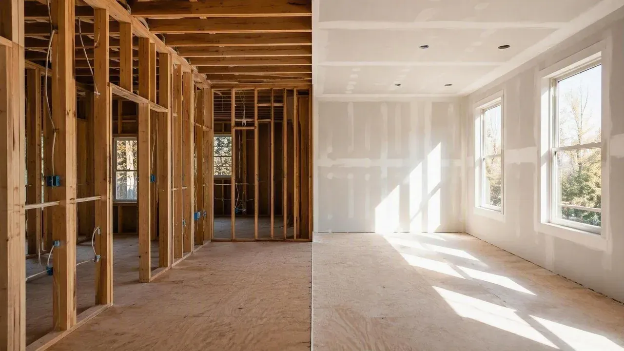 Sunlit room caught half framed and half finished partway through a drywall install