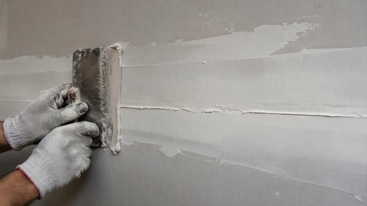 Taping knife smoothing a seam across new drywall on a Niagara Region project