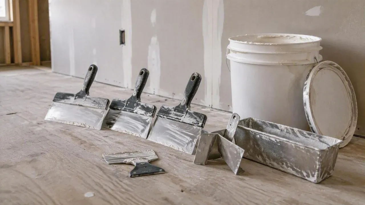 Knives, hawk and compound bucket on a working drywall jobsite in St. Catharines
