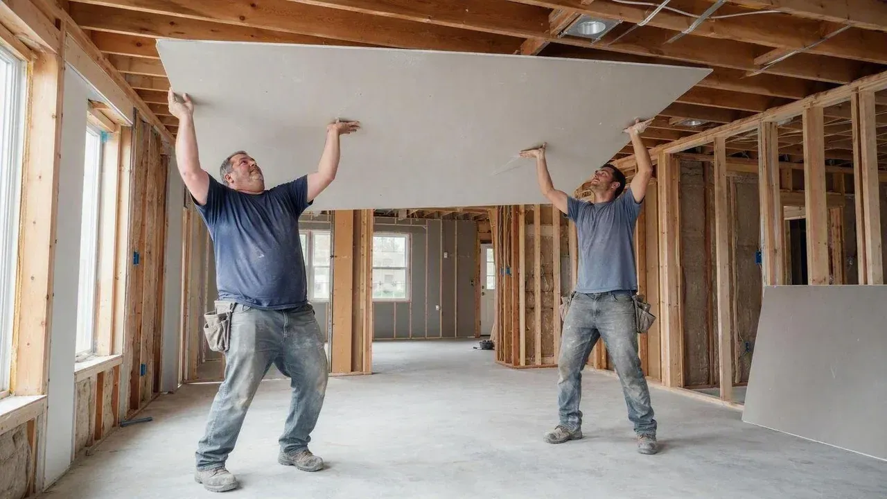 Two-person crew lifting a drywall panel to a ceiling during a Niagara installation