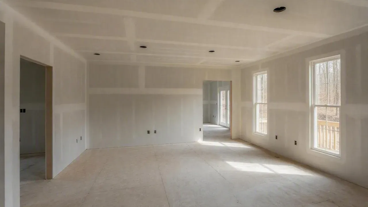 Freshly drywalled living room in a Niagara home, walls finished smooth and ready for primer