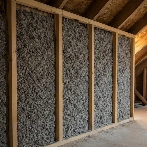 Blown cellulose packed into an attic knee wall where batts cannot reach