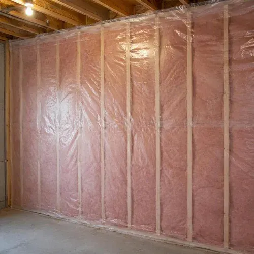 Vapour barrier stapled and sealed over an insulated stud wall before inspection