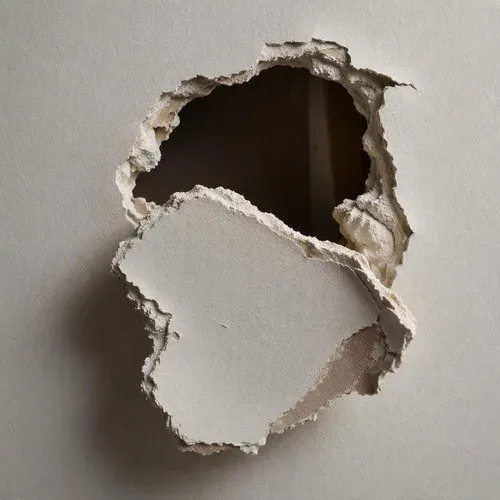 Hole in a drywall wall with the broken piece still dangling loose from the paper facing