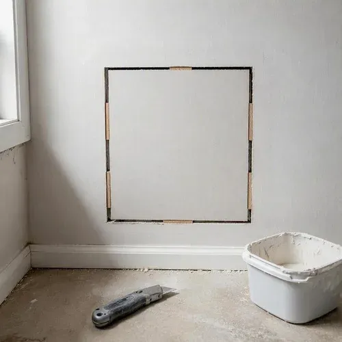 Patch piece cut square and fitted into the drywall opening, backed and fastened before mudding