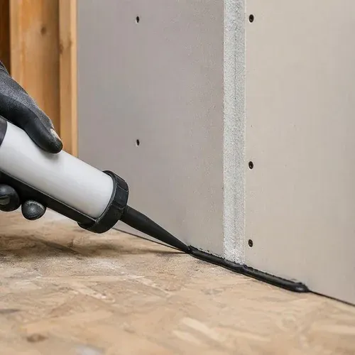 Acoustic sealant run along the wall perimeter, because an unsealed gap undoes the whole assembly