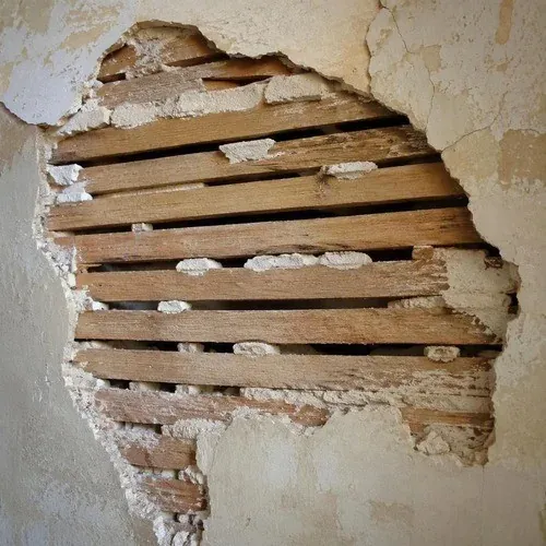 Loose plaster separating from the wood lath behind it, which is how plaster actually fails
