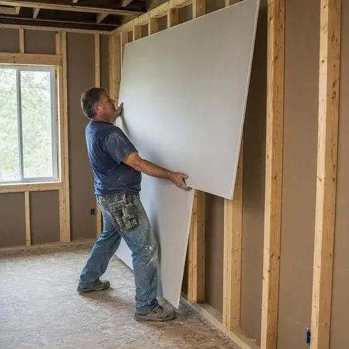 Installer lifting a drywall panel onto bedroom wall studs during a residential installation