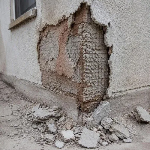 Crumbling stucco corner exposing the wire mesh lath that has to be secured before patching