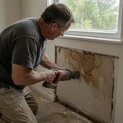 Cutting out water damaged drywall below a window, back to sound board and dry framing